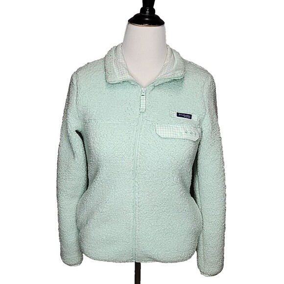 Columbia PFG Women's Mint Green Sherpa Gingham Full Zip Puffy Jacket Size S EUC - Picture 1 of 9